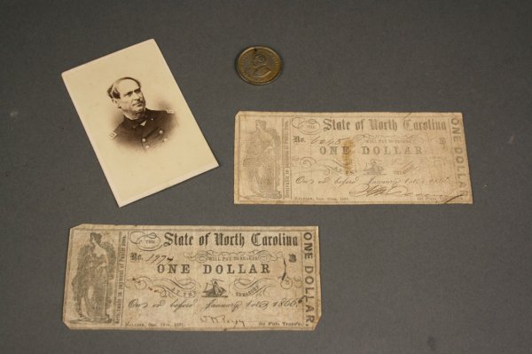 Civil War items - Farragut CDV, bank note, dog tag