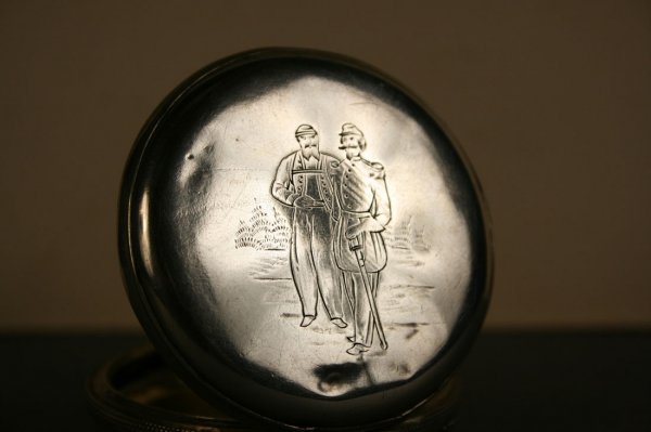 Civil war silver engraved watch case, plus print - 2