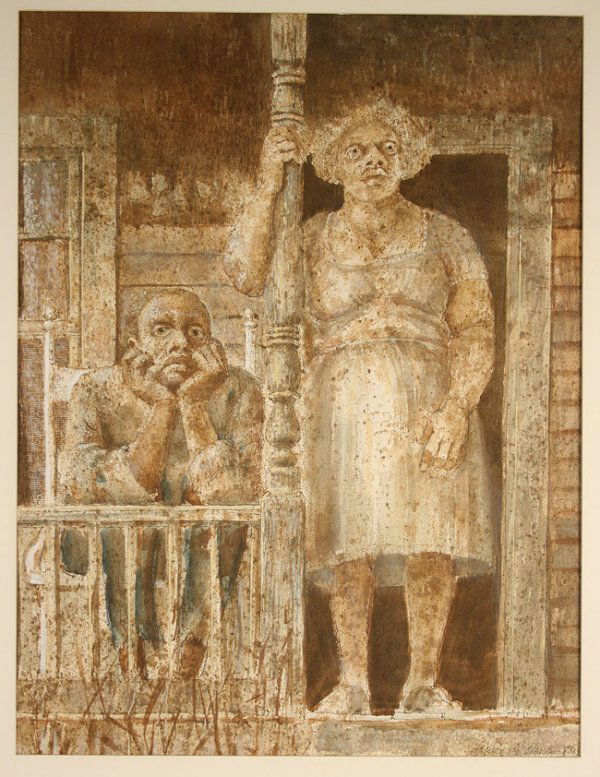 Harry Davis watercolor of two black adults: Watercolor of two black adults on a front porch by Harry Davis (Harry Allen Davis, Indiana/Tennessee, 1914-2006). Depicting a man sitting & a woman standing. Signed and dated lower right "Harry A. Dav