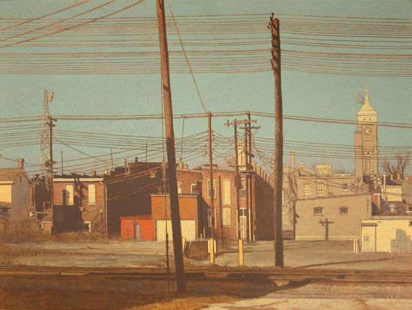 Oil on board by Harry Davis of Greensburg, IN: Large oil on board in gilt frame by Harry A. Davis, Jr. (Harry Allen Davis, Indiana/Tennessee, 1914-2006). Scene depicting Greensburg, Indiana. Signed "Harry A. Davis" lower right. Overall excellent c