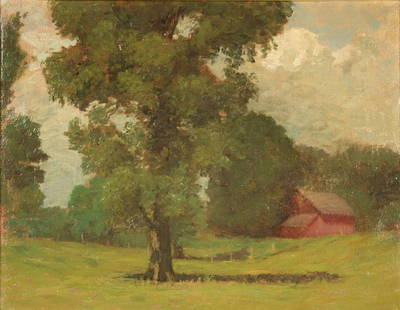 Landscape oil painting, attrib. Gustav Wolff: Gilt framed oil on canvas (laid down on board) of landscape with barn. Attributed to Gustave Wolff (German/American, 1863 - 1935). Unsigned. Labeled en verso - Work - "Gustav Wolff" "The Brook" and "C