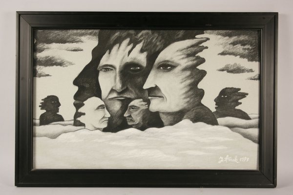 Juri Arrak Estonian charcoal: Juri Arrak (Estonian, 1936) framed charcoal. Signed lower bottom "J. Arrak, 1997". Depicts 6 faces of men, 5 in profile. Overall excellent condition. Sight - 19 1/2" Height x 31 1/2" Width. Framed - 2