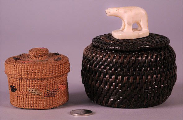 Alaskan Eskimo Baleen Basket & Indian Basket: Lot of two Alaskan Indian baskets. 1st item - Alaska Eskimo baleen lidded basket with ivory bear finial on top of cover and ivory circular base. Signed on bottom "John Long" (John Long, Point Hope, Al