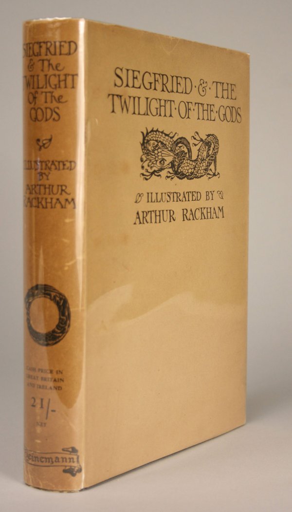 Siegfried &Twilight of the Gods, Rackham illust.: Siegfried & the Twilight of the Gods by Richard Wagner, illustrated by Arthur Rackham. Published by Doubleday Page & Company, NY. 1924. Brown cloth hardcover with dust jacket. 30 tipped-in color plate