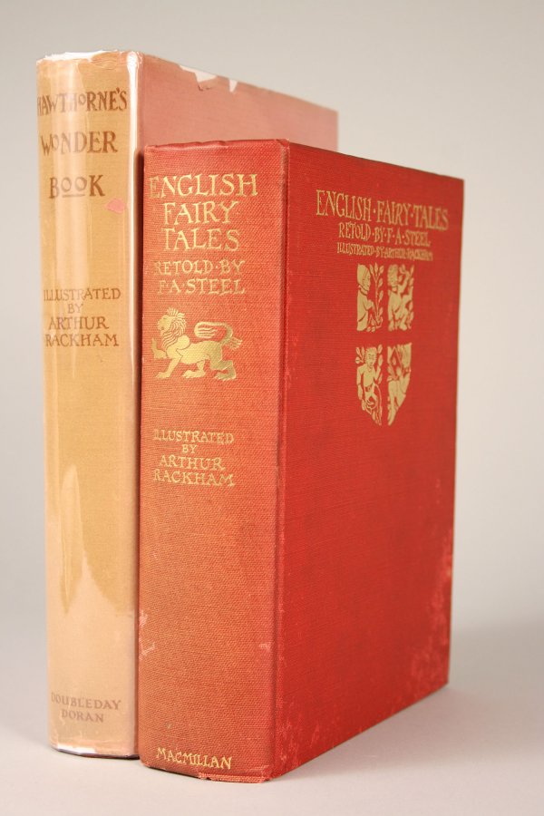 Two Arthur Rackham illustrated books, Hawthorne's: Lot of two Arthur Rackham illustrated books. 1st item - Hawthorne's Wonderbook by Nathaniel Hawthorne, illustrated by Arthur Rackham. Published by Doubleday, Doran & Company, NY. 1928. Burgandy cloth