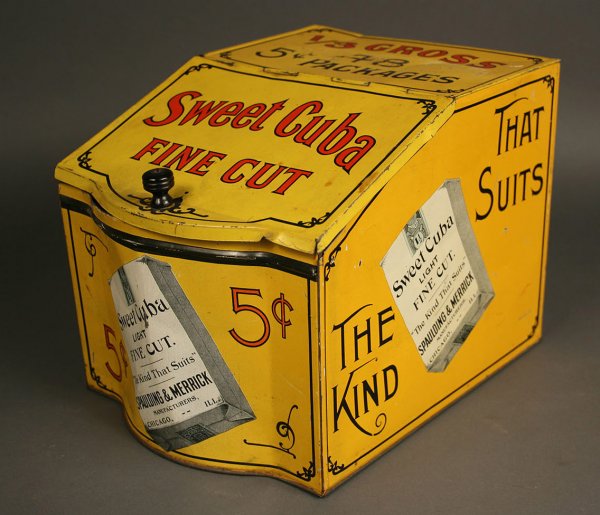 Sweet Cuba cigarettes tin: Sweet Cuba Fine Cut Cigarettes tin, originally held 48 packs. Overall very good condition with some dents, expected wear. 8" Height X 8" Width x 10 1/2" Depth.