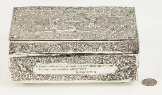 Asian Silver Repousse Box w/ Inscription: Thai or Burmese silver box, rectangular form with an allover repousse design. Hinged lid decorated with scholars standing on clouds beneath pine trees, center, with a scrolling foliate and butterfly