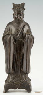 Chinese Daoist Bronze Figure, poss.Wen Chang: Chinese bronze figure of a scholar or Wen Chang, the Taoist or Daoist diety of literature, depicted standing in headdress and robes and holding a scroll. Integral base with molded skirt. 10 7/8" H.