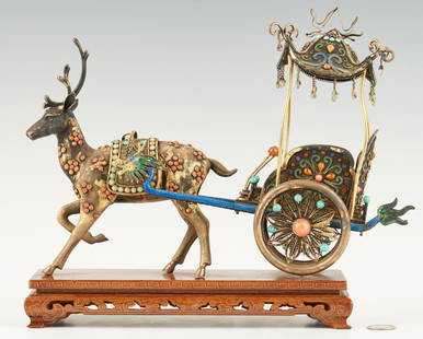 Chinese Filigree and Enamel Carriage: Chinese filigree and enamel deer drawn Dragon Carriage, gilt bronze or bronze colored metal deer studded with coral and jade color cabochon beads, hitched by means of two cloisonne rods with enameled