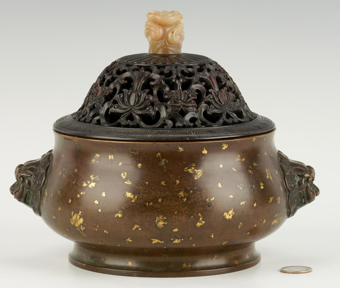Gold Splashed Bronze Censer w/ Carved Lid & Finial (1 of 16)