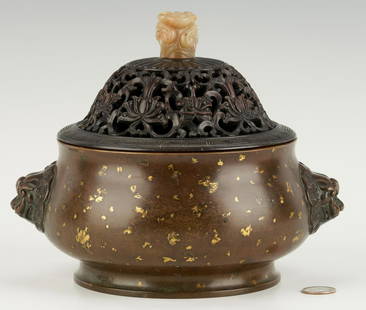 Gold Splashed Bronze Censer w/ Carved Lid & Finial: Chinese gold splashed bronze censer, heavy bombe form with foo lion handles, intricately carved and pierced hardwood cover in a floral and scroll design with fret border, topped with a fungus-carved