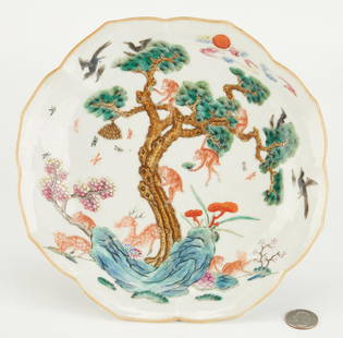 Dish with Monkey, Deer, & Wasp, Xianfeng: Chinese Famille Rose porcelain footed dish with shaped sides, with overglaze decoration of monkeys swinging from a tree with deer below and wasps and birds flying overhead. The Chinese words for deer,