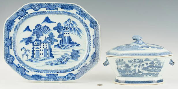 Chinese Blue & White Export Tureen + Platter: 1st item: Chinese Export Canton blue and white porcelain tureen with shaped cover and dish and cut corners, cover with leaf finial and base with animal mask handles. Decorated with scenes of