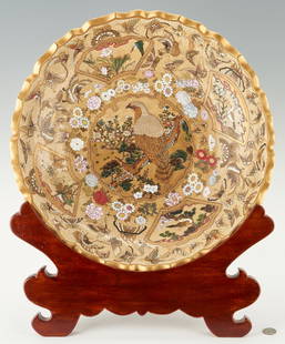 Large Japanese Satsuma 19" Charger or Bowl, Bird: Very large Edo or Meiji Satsuma bowl or charger, the center enameled with decoration of a bird in a landscape, the interior and exterior sides enameled with decoration of flying cranes and gilt sun or