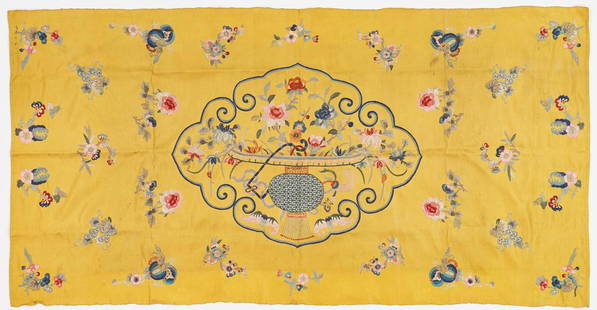 Chinese Qing Yellow Silk Embroidered Panel, signed: Chinese Qing deep yellow silk embroidered panel with central medallion containing a floral still life arrangement and bats surrounded by floral sprays. Signed en verso upper left corner. Unframed. 27