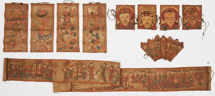 10 Chinese Taoist / Yao Ceremonial Temple Items: Ten (10) Chinese Yao ceremonial temple watercolor and gouache scroll painted items, some with gold leaf highlights, including one (1) crown depicting male figures, haloed figures, and mythical