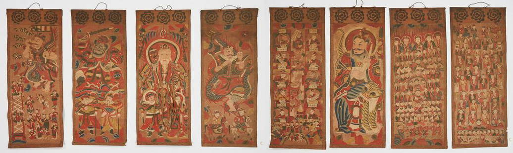 8 Chinese Yao Ceremonial Temple Scroll Paintings: Eight (8) Chinese Yao ceremonial temple watercolor and gouache scroll paintings, some with gold leaf highlights, including one (1) depicting a larger male figure on a dragon and holding a knife,