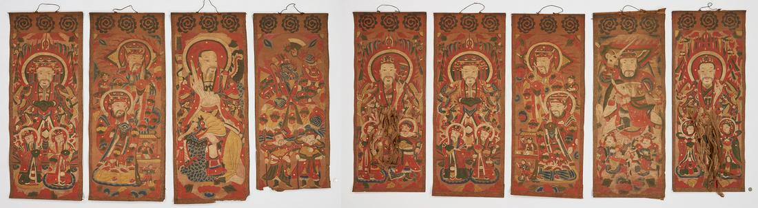 9 Chinese Yao Ceremonial Temple Scroll Paintings: Nine (9) Chinese Yao ceremonial temple watercolor and gouache scroll paintings, some with gold leaf highlights, including one (1) depicting an elderly man surrounded by a flaming halo with two