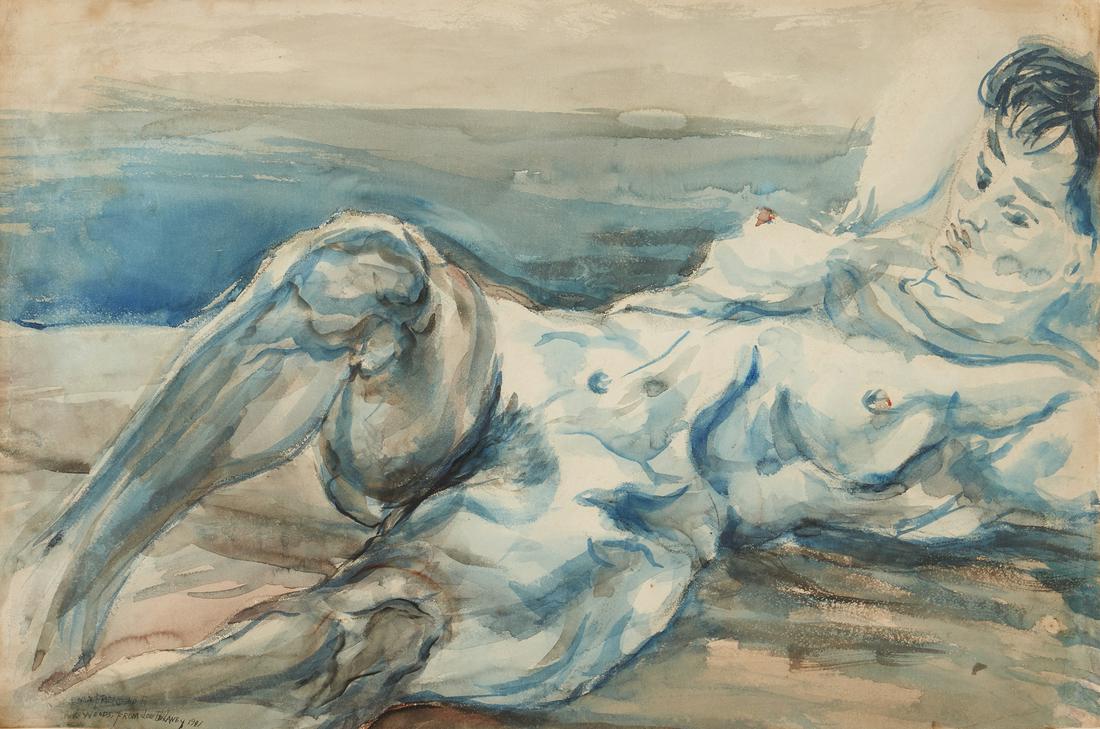Joseph Delaney Watercolor of a Nude Woman: Joseph Delaney (Tennessee/New York, 1904-1991) watercolor on cream paper depicting a nude female figure, reclining with arms crossed behind her head and right knee slightly bent, rendered in colors of