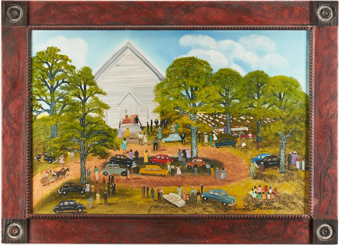 Helen LaFrance O/C, Church Picnic: Helen La France (Kentucky, 1919-2020) large oil on canvas landscape painting depicting an African American congregation gathering for a Church Picnic, with automobiles parked in front of a church and