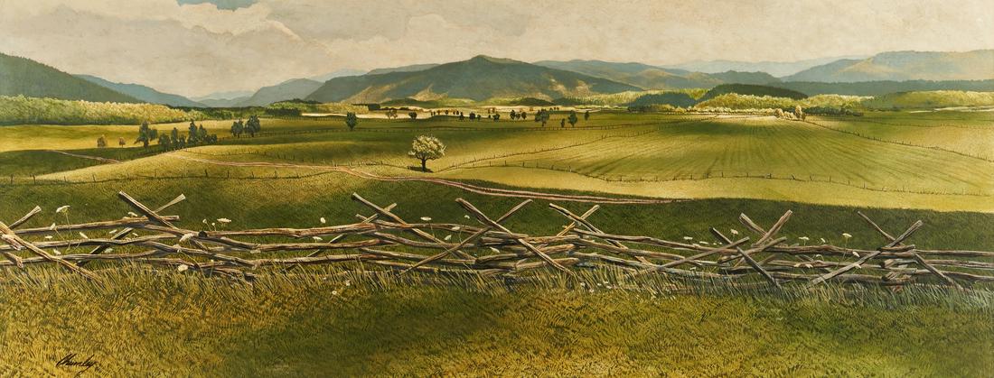 John Chumley Cades Cove Oil on Board Painting: John Wesley Chumley (Virginia/Tennessee, 1928-1984) panoramic egg tempera on board titled "Cades Cove" depicting a panoramic view of the valley located in the Great Smoky Mountain National Park. Signe