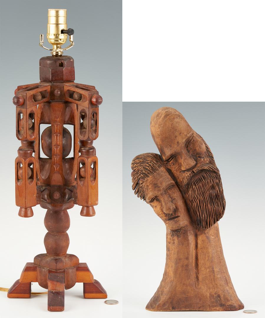 Clarence Stringfield Carving + Prison Art Lamp, 2 items: Two (2) Southern carvings, including Clarence Stringfield. 1st item: Clarence Stringfield (Tennessee, 1903-1976) folk art wood carving titled "Hillbillies In Love," depicting a conjoined female and ma