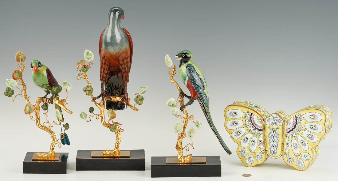 3 Gilt Bronze and Enamel Birds plus Butterfly Box, 4 (1 of 13)