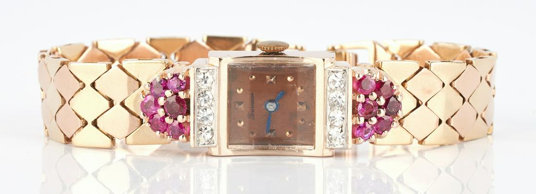 Ladies Tourneau 14K Gold, Ruby, and Diamond Watch (1 of 10)