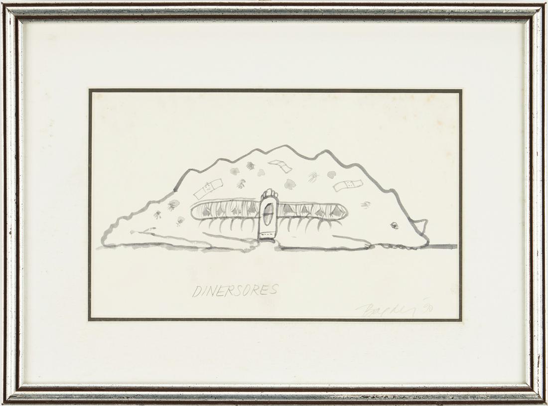 John Baeder "Dinersores" Drawing: John Baeder (American/Tennessee, b. 1938), "Dinersores," pen and ink drawing on Strathmore embossed paper, depicting a diner set into the side of a prone dinosaur. Titled below image in pencil, signed