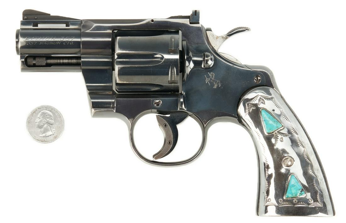 Colt Python w/ Silver and Turquoise Handles: Colt Python .357 magnum revolver, made 1965, Navajo made turquoise inlaid sterling silver aftermarket grips. Has trigger shoe. Serial # 43056. Later case included. Barrel length - 2 1/2". Overall leng