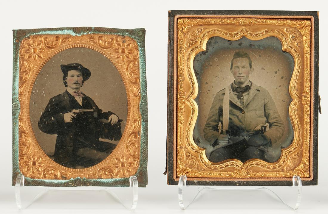 CSA Ambrotype & Tintype of Man w/ Gun: Two (2) Civil War era photography items, including Confederate soldier ambrotype. 1st item: Civil War era tintype, 1/6 plate, depicting a young man attired in a black suit seated and holding a pistol.
