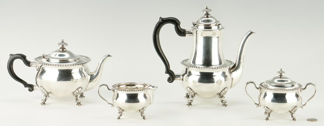 Tiffany Sterling Silver 4-Piece Tea Set: Tiffany & Company sterling silver four piece tea service, comprised of a teapot, coffee pot, open sugar and covered creamer. Each piece with mushroom shaped finials, C-scroll handles, gadrooned rims a
