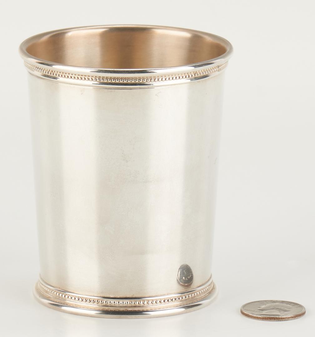 Scearce Presidential Sterling Julep, Obama: Kentucky sterling silver mint julep cup or beaker, Obama era, with molded and beaded rim and footring, stamped MARK J. SCEARCE SHELBYVILLE KENTUCKY / STERLING with an eagle mark and "BHO" for Presiden