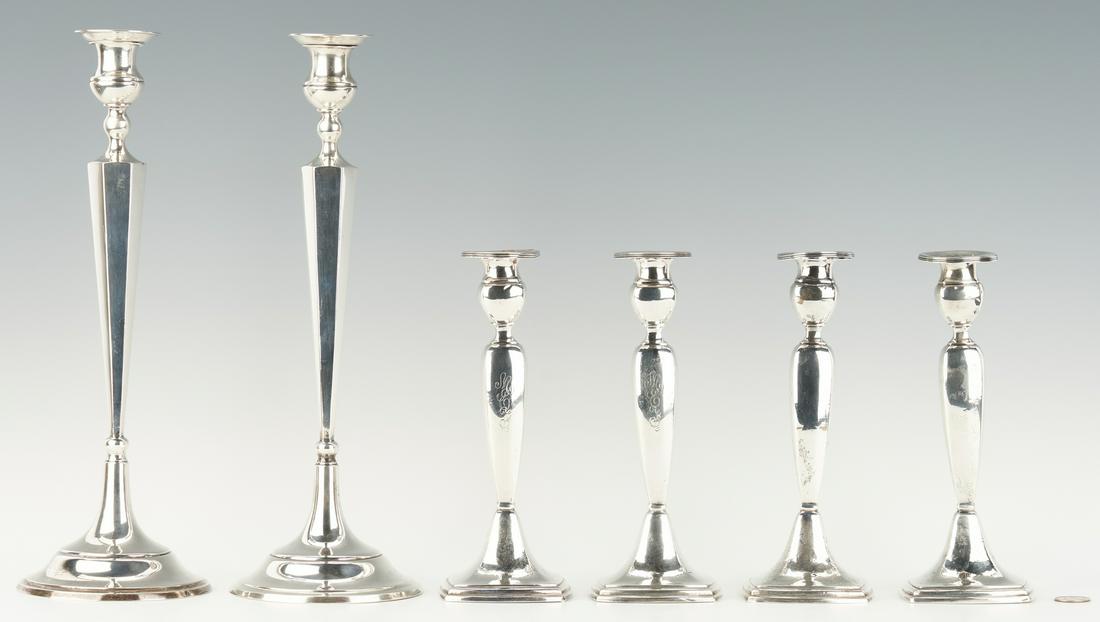 3 Prs. Sterling Silver Candlesticks, 6 items: 3 Prs. Sterling Silver Candlesticks, 6 items. 1st & 2nd items: Pair of Watson Company weighted sterling silver tall candlesticks, #5382 pattern. Marked "Sterling 5382" together with maker's hallmark o