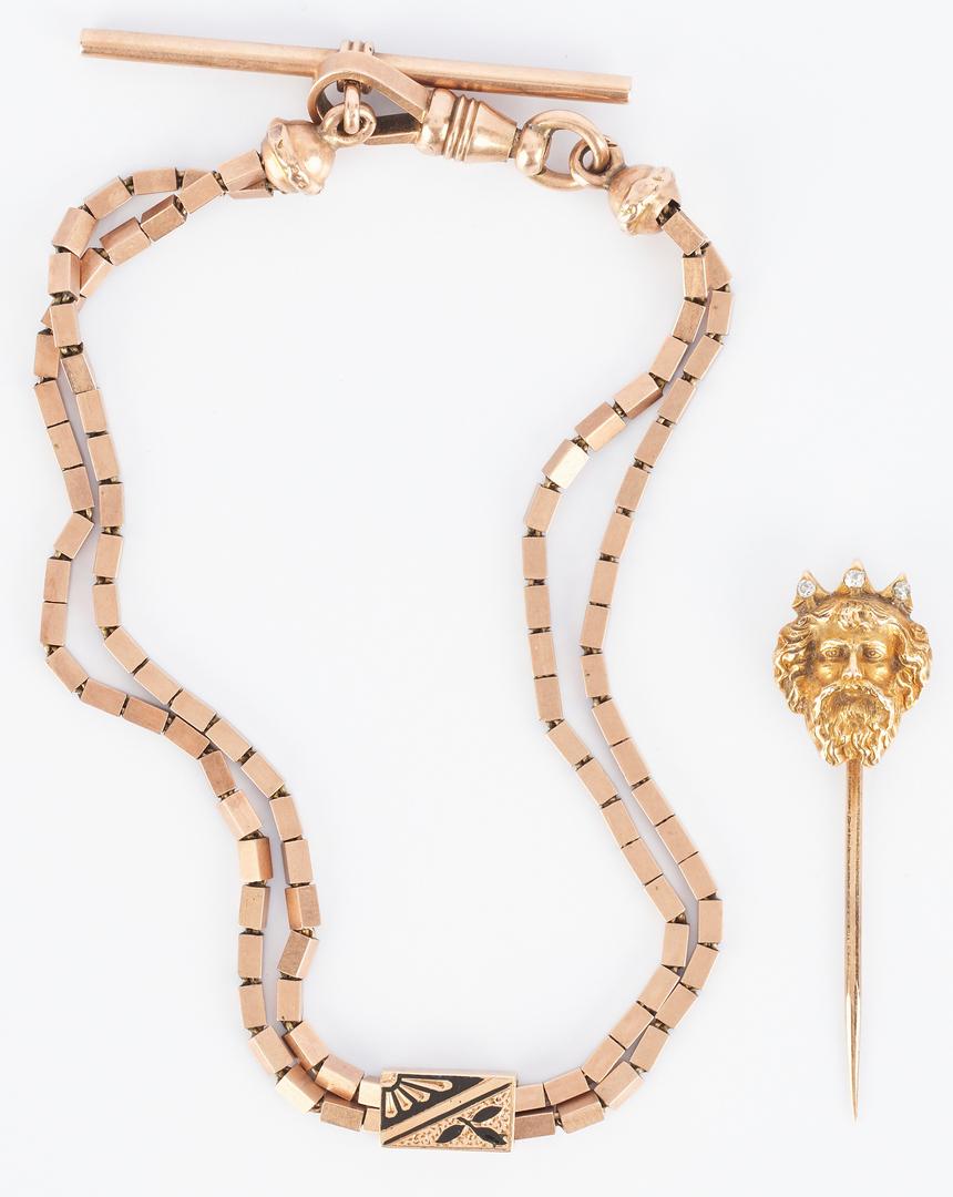 Ladies 14K Bracelet & 14K Diamond Pin: Ladies 14K Bracelet & 14K Diamond Pin. 1st item: Ladies 14K rose gold box chain 2 strand bracelet. 8 1/8" L. The bracelet tests 14K and has a weight of 10.97 grams. 2nd item: Ladies 14K yellow gold pi