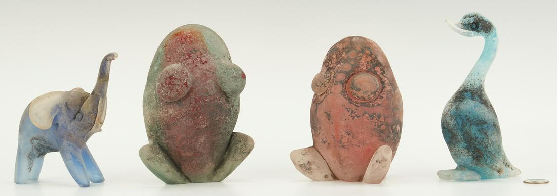 Four Italian Murano Scavo Glass Animals: Grouping of four (4) Italian Murano glass animal figures, possibly Cenedese, including a goose, an elephant, and two fish or frogs, all with a frosted and textured Scavo surface, imitating excavated a