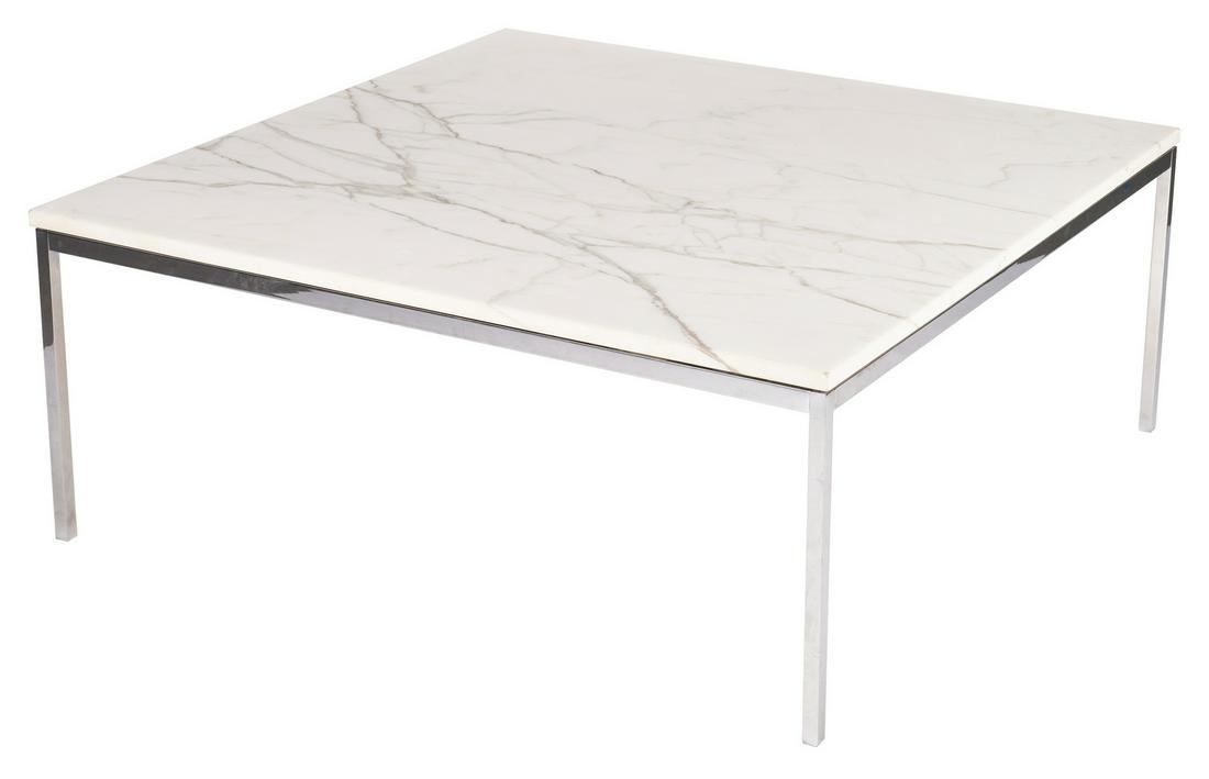 Knoll Mid- Century Marble Top Table, 42": 17''H x 42" square Knoll mid century modern square end or coffee table, model #2520, with Italian cremo marble top on a chrome finished aluminum T-angle frame. Underside of marble is stamped "Made in