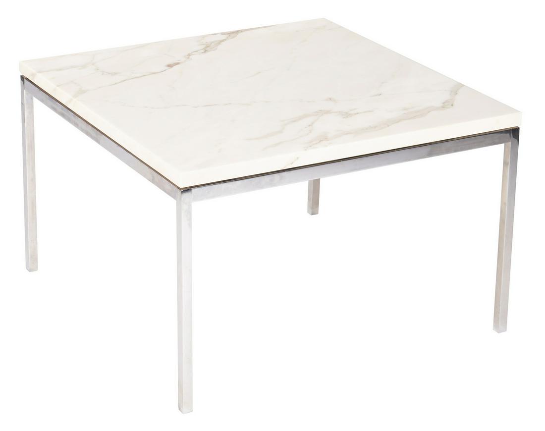 Mid-Century Florence Knoll Marble Top Table: Mid-Century Knoll square end or coffee table, model #2514, designed by Florence Knoll Bassett in 1954, manufactured circa 1970. Square Italian cremo marble top on a T-angle aluminum frame with chrome