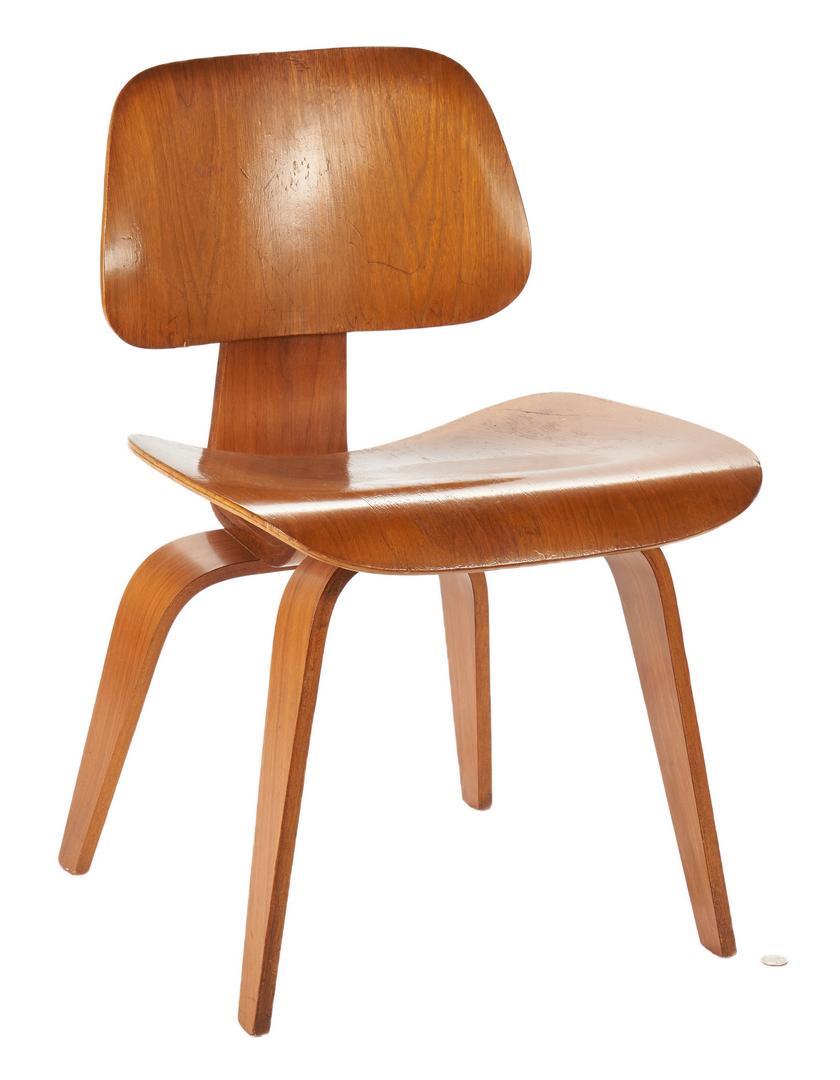 Eames Mid Century DCW Chair: Mid Century Modern Eames chair, initialed "DCW" underneath seat for "(D)ining height side (C)hair on (W)ood base". Comprised of a molded and curved birch plywood veneer backrest , connector and seat, 