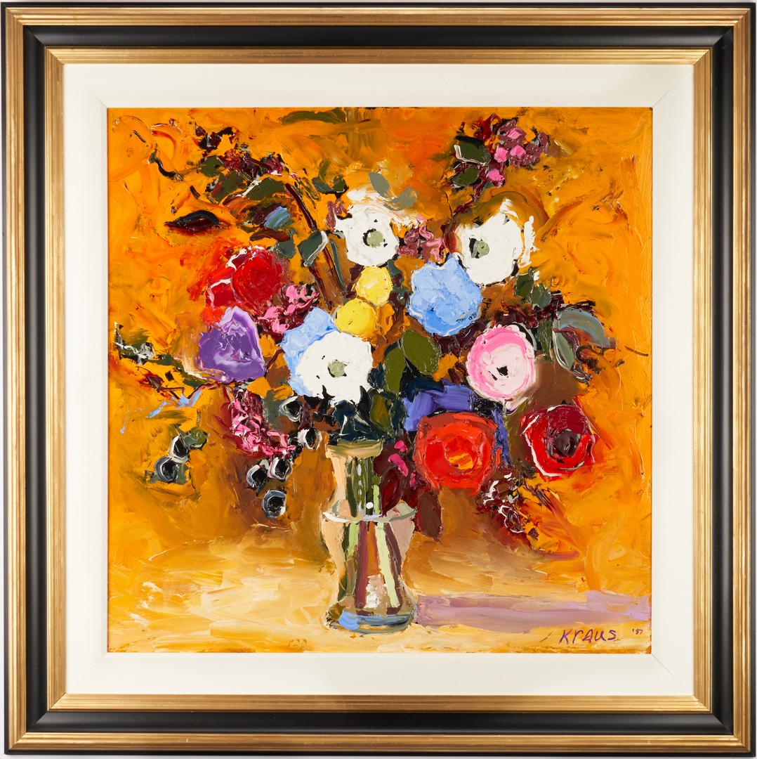 Harold Kraus oil on board still life, 36" square: Harold Kraus (Tennessee, b. 1940s), "Floral Fanfare," oil on board still life painting depicting multicolored flowers in a glass vase, set against a background in shades of orange. Signed lower right.