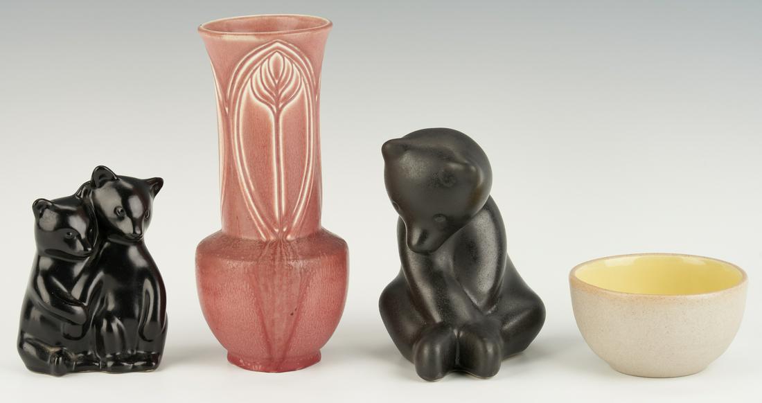 4 pcs Art Pottery, incl. Pigeon Forge & Rookwood: Four (4) pieces of art pottery, including East Tennessee Pigeon Forge bears and Rookwood vase. 1st-2nd items: Pigeon Forge ceramic bears, including one figural of two cubs embracing in a black glossy 