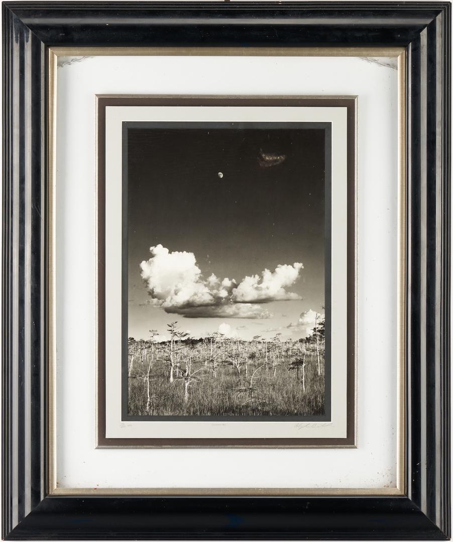 Clyde Butcher Photograph, Moonrise Everglades: Clyde Butcher (Florida/California/Cuba, b. 1942) silver gelatin black and white photograph titled "Moonrise," numbered 134/250 HPA," print by the artist, 1986. Depicts the Florida everglades beneath a