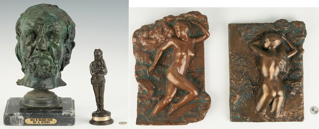 4 Bronze Sculptures or Plaques, incl. after Rodin,: Four (4) Bronze Sculptures or Plaques, including after Rodin and Renoir. 1st item: After Auguste Rodin (French, 1840-1917) "Man with Broken Nose" bronze, with green patina, mounted on a square black m