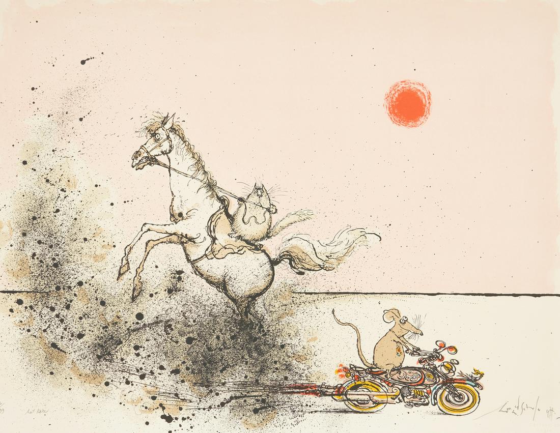Ronald Searle Signed Litho, "Rat Race": Ronald Searle (British, 1920-2011) limited edition signed color lithograph, "Rat Race," depicting a rat on motorcycle speeding past a cat on horseback headed in the opposite direction, against a stark