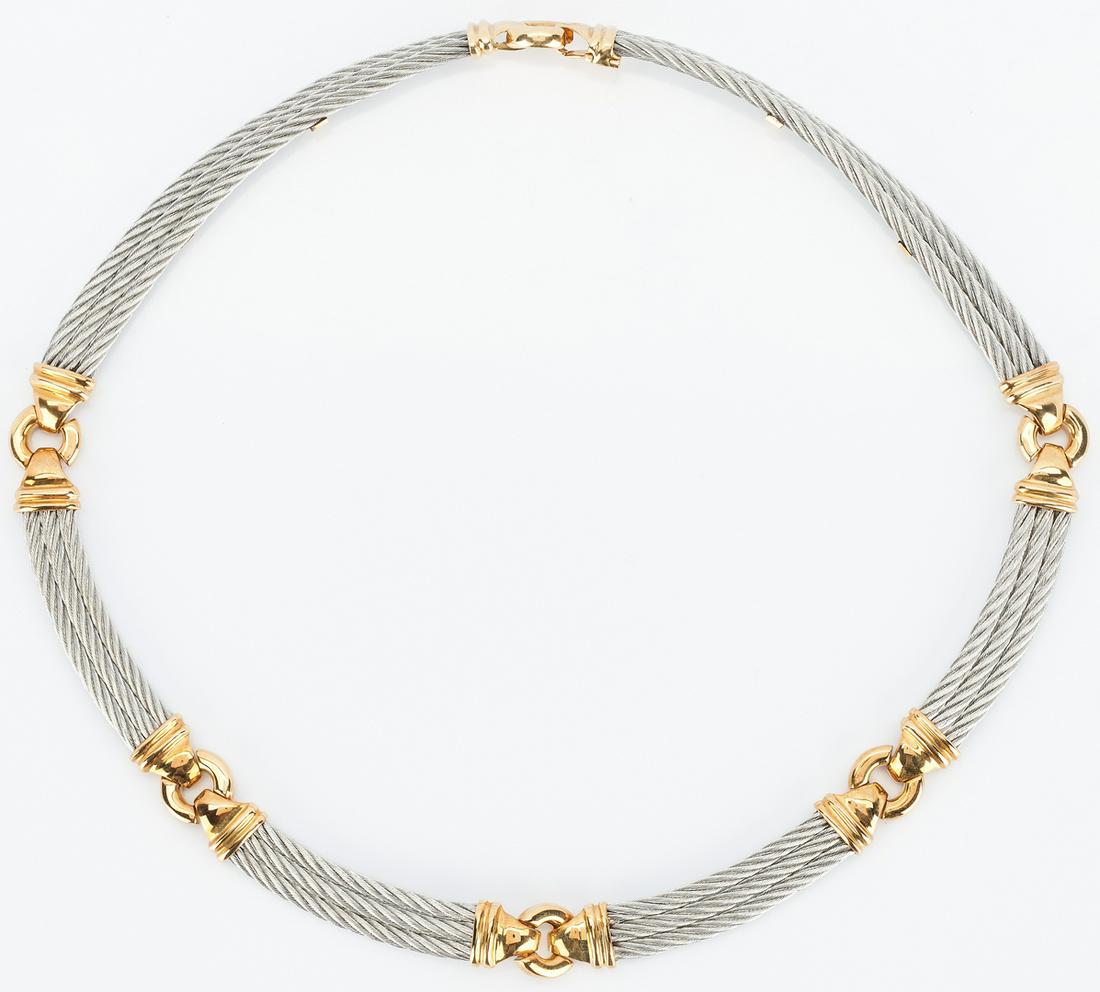 Phillipe Charriol 18K & Stainless Steel Necklace: Phillipe Charriol 18K yellow gold and stainless steel link necklace. The necklace stamped with the Charriol hallmark and "750" and is 16" L. The weight of the necklace is 73.74 grams.