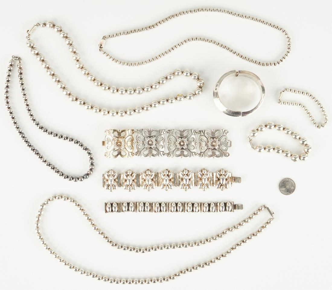Group of 10 Mexican Sterling Silver Jewelry Items: Assembled group of Mexican sterling silver jewelry items, 10 items total, including four (4) beaded necklaces ( one 8" (unmarked but tests sterling), two 12" and one 15" L), two (2) beaded bracelets (