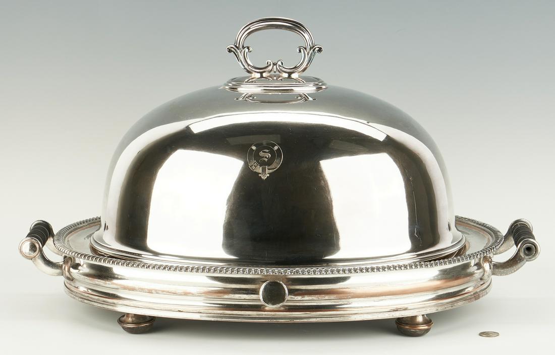 Old Sheffield Plate Warming Stand and Meat Dome: Old Sheffield Silver Plate Regency Warming Stand or Platter with wood handles, gadrooned rim, well-and-tree plateau above a hot water reservoir, raised on four hemispherical feet, unmarked, together w