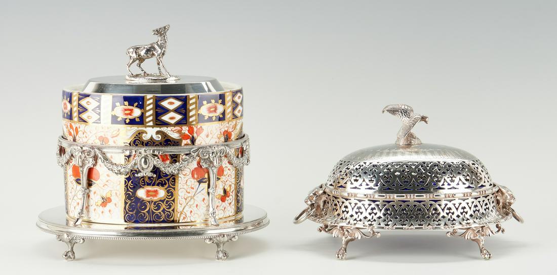 S/P mounted Davenport Humidor & Cobalt Butter Dish: 1st item: English Davenport Imari pattern porcelain humidor or biscuit barrel with silverplated frame. Three parts, comprised of a Davenport oval humidor, marked on the base "Davenport Longport Staffo