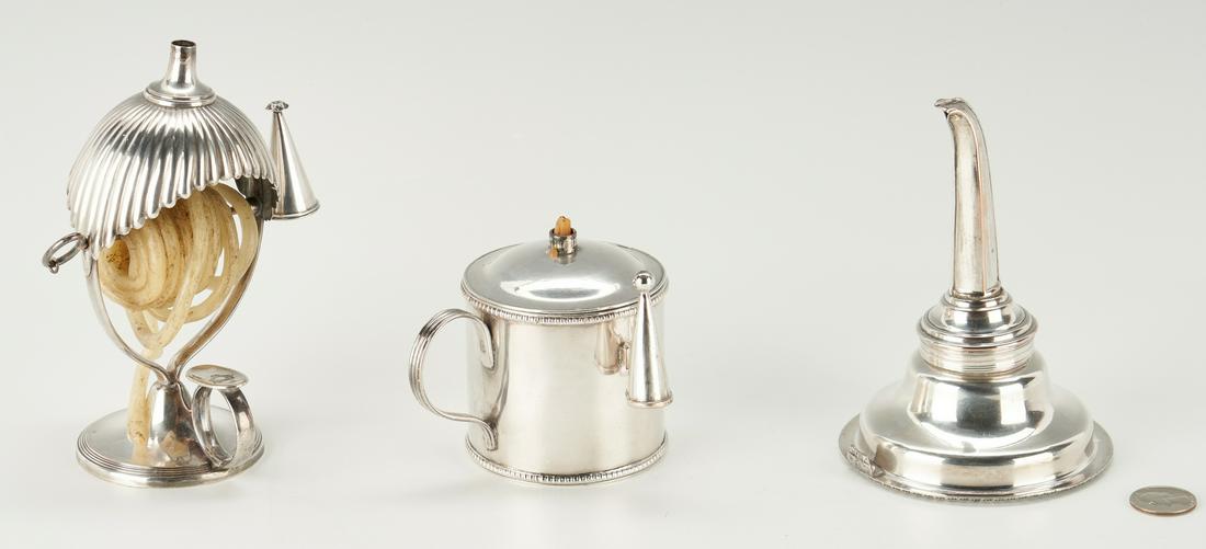Old Sheffield Bougie Box, Wax Jack, and Wine Funnel: 2 rare early silver plated lighting devices plus 1 wine funnel. 1st item: George III Old Sheffield silver plated drum bougie box, plain with a reeded handle and gadroon and borders, with a conical ext