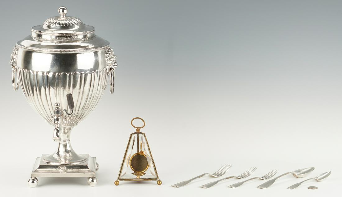 Sheffield Tea Urn, 5 Coin Silver Items, & Watch Hutch: 6 silverplated or coin silver items and watch hutch, 7 items total. 1st item: Old Sheffield Plate Neoclassical tea urn, round form with gadrooned, domed top and ball finial, gadrooned edges and ribbed